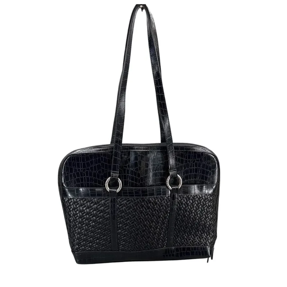 Coldwater Creek Black Faux Croc Woven Laptop Briefcase Professional Tote Bag